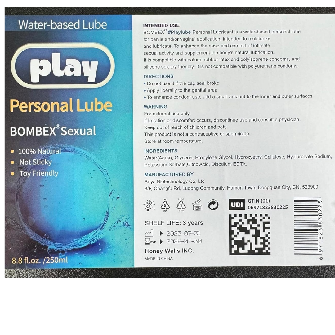 💦 BOMBEX Play Personal Lube – Water-Based Lubricant 8.8 fl oz (250 ml), Long-Lasting & Natural
